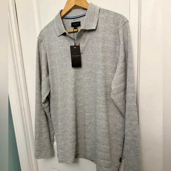 Ted Baker NWT Popcorn Stripe Long-Sleeve Polo in Heather Gray - Picture 5 of 8